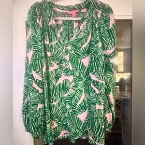 Lilly Pulitzer Green and Pink Leaf Print Blouse